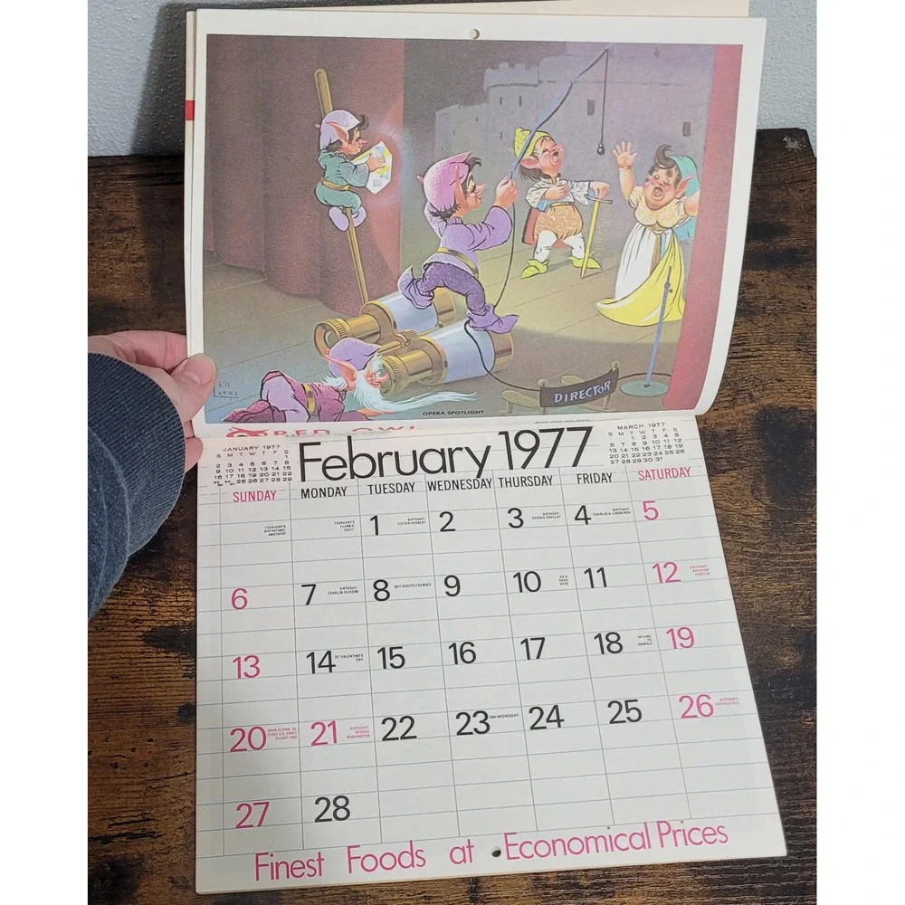 Vintage 1977 Red Owl Childrens Calendar 12 Month Elves‎ Wall Calendar Art